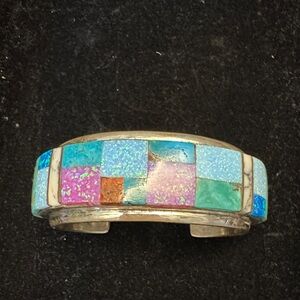 Multicolor Inlay Sterling Silver Cuff Bracelet